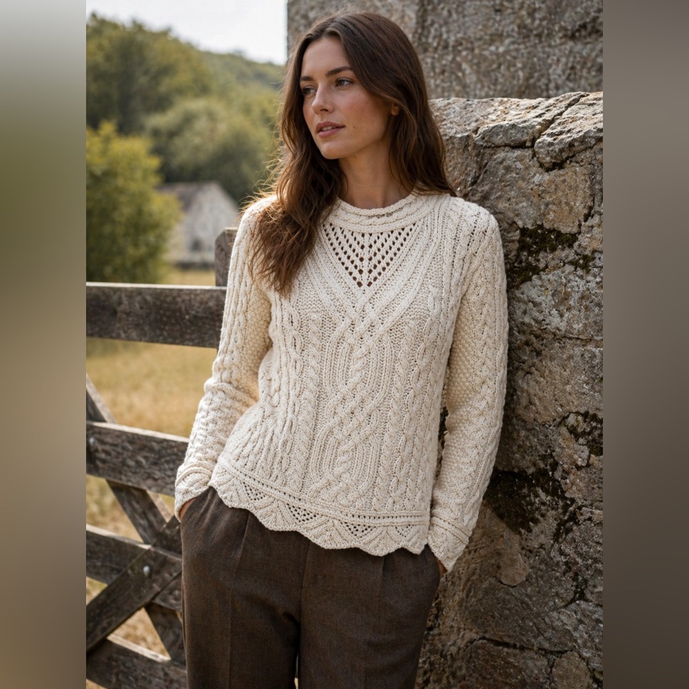 Merino Wool Cable Knit Sweater Aran Mor L